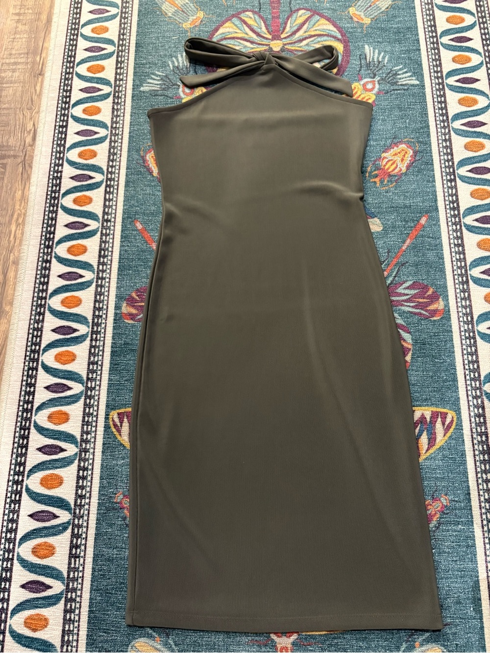 Leith Olive Twist-Neck Midi Dress